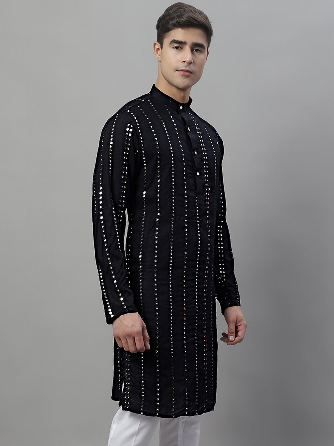 Men's Black Embroidered Mirror Work Kurta