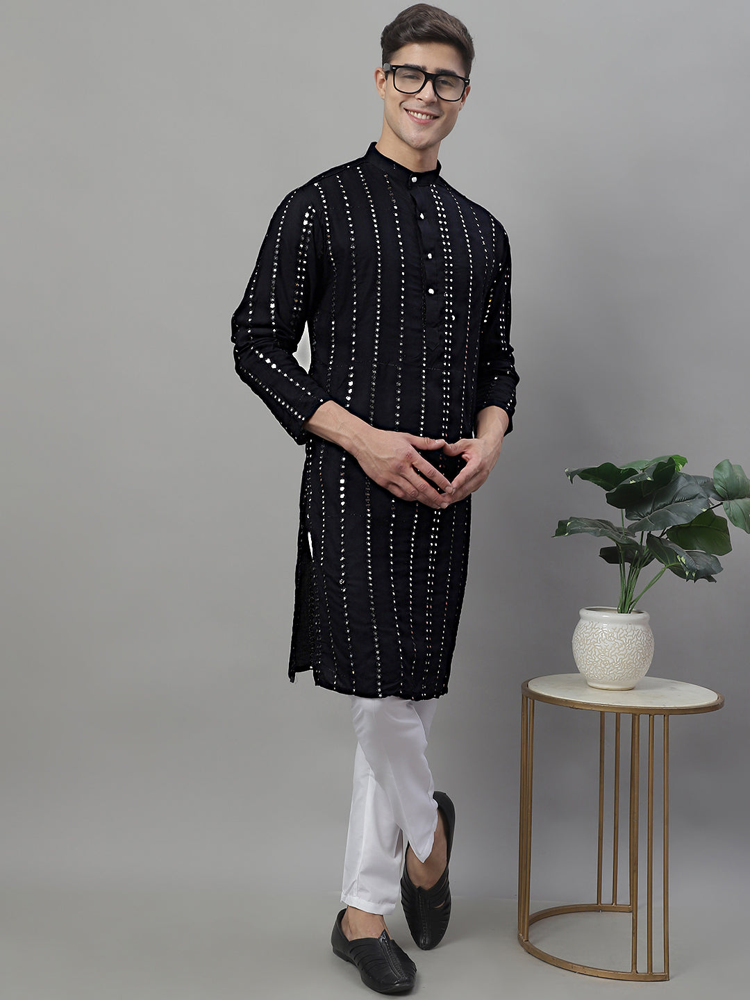 Men's Black Embroidered Mirror Work Kurta