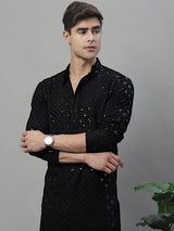 Men's Black Chikankari Embroidered And Sequence Kurta