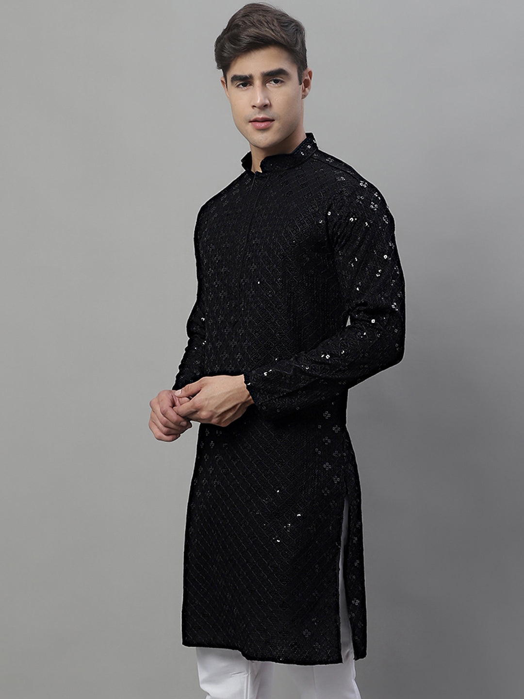 Men's Black Chikankari Embroidered And Sequence Kurta