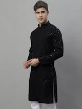 Men's Black Chikankari Embroidered And Sequence Kurta