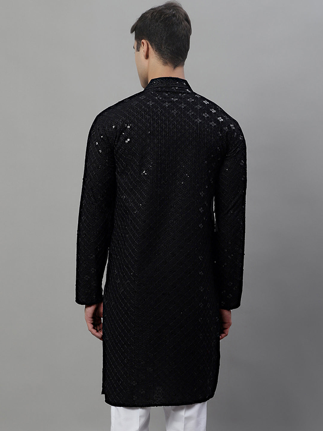 Men's Black Chikankari Embroidered And Sequence Kurta