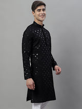 Men's Black Chikankari Embroidered And Sequence Kurta