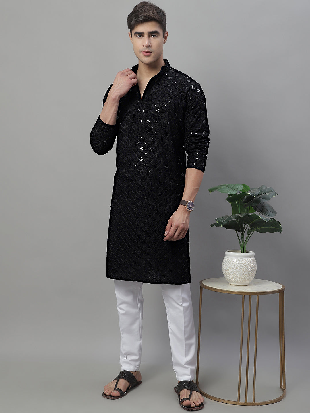 Men's Black Chikankari Embroidered And Sequence Kurta