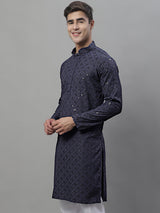 Men's Grey Chikankari Embroidered And Sequence Kurta