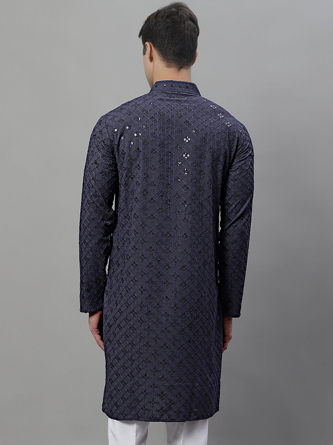 Men's Grey Chikankari Embroidered And Sequence Kurta