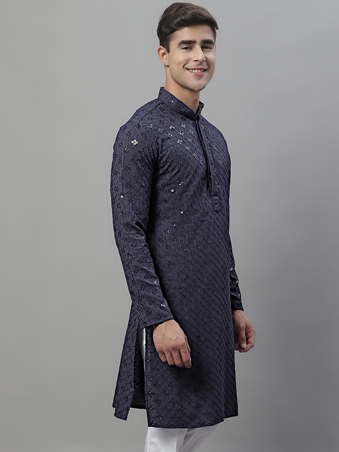 Men's Grey Chikankari Embroidered And Sequence Kurta