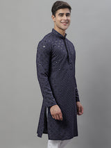 Men's Grey Chikankari Embroidered And Sequence Kurta