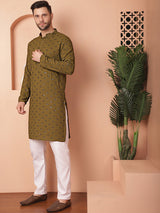 Olive Cotton Mirror Sequin Embroidered Kurta Pajama Set