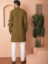 Olive Cotton Mirror Sequin Embroidered Kurta Pajama Set