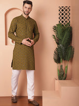 Olive Cotton Mirror Sequin Embroidered Kurta Pajama Set