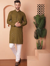 Olive Cotton Mirror Sequin Embroidered Kurta Pajama Set