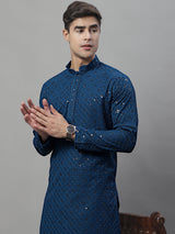 Men's Peacock Blue Chikankari Embroidered And Sequence Kurta