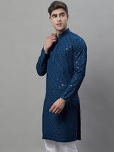 Men's Peacock Blue Chikankari Embroidered And Sequence Kurta