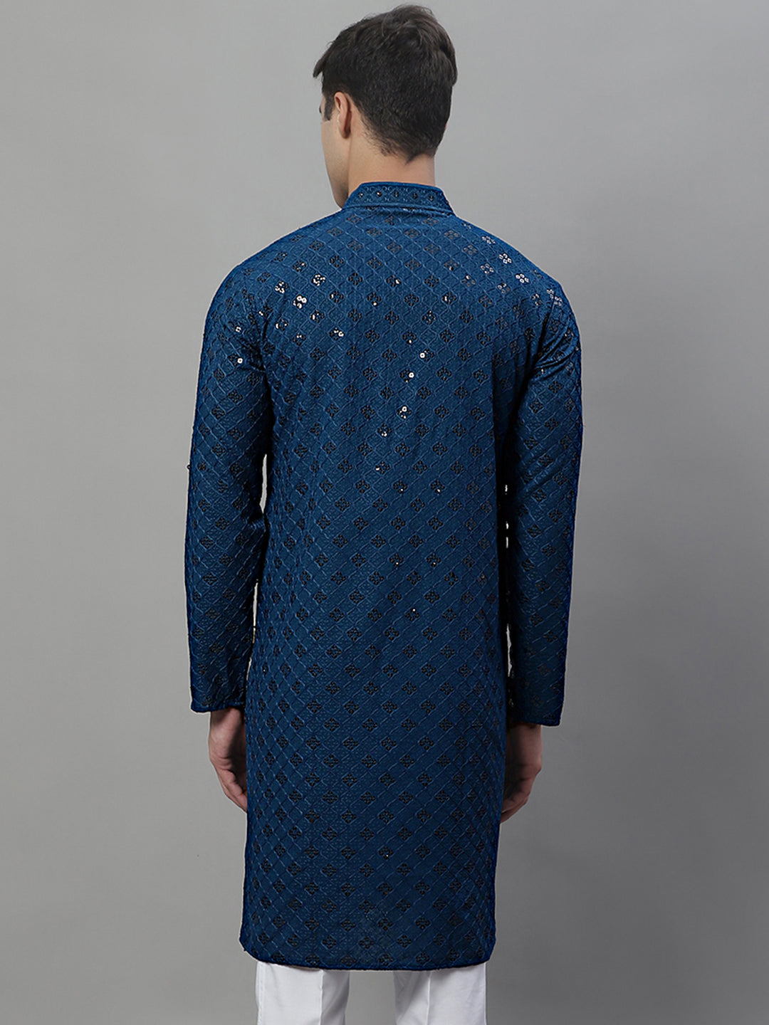 Men's Peacock Blue Chikankari Embroidered And Sequence Kurta