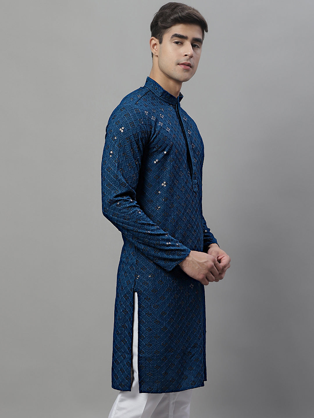 Men's Peacock Blue Chikankari Embroidered And Sequence Kurta