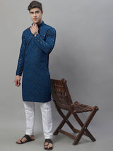 Men's Peacock Blue Chikankari Embroidered And Sequence Kurta