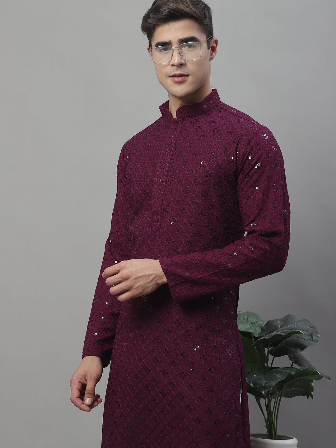 Men's Purple Chikankari Embroidered And Sequence Kurta