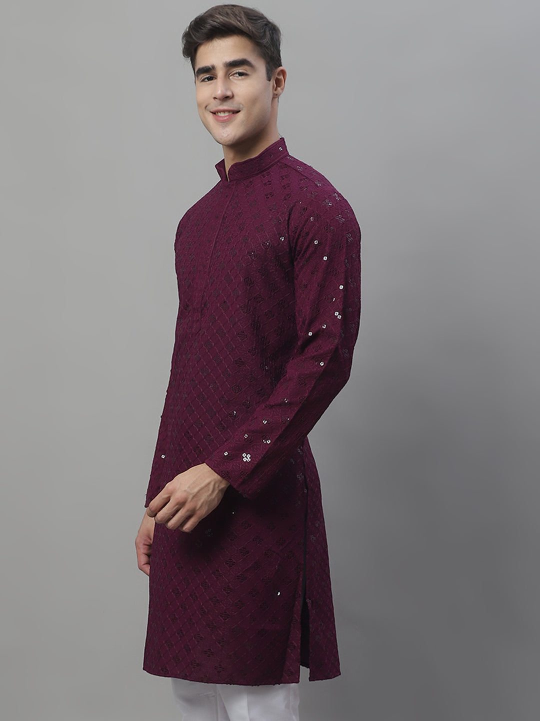 Men's Purple Chikankari Embroidered And Sequence Kurta