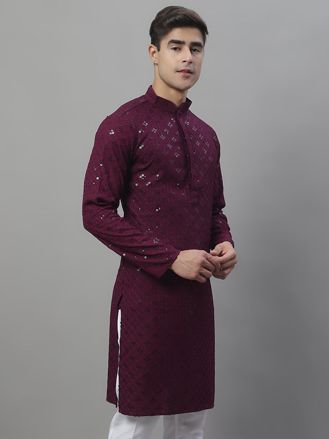 Men's Purple Chikankari Embroidered And Sequence Kurta