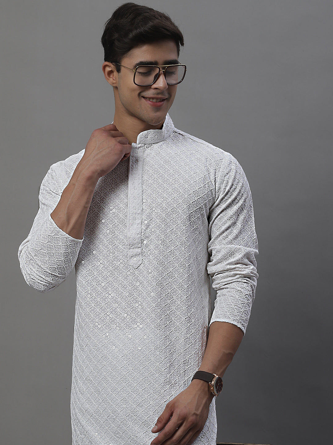 Men's White Chikankari Embroidered And Sequence Kurta