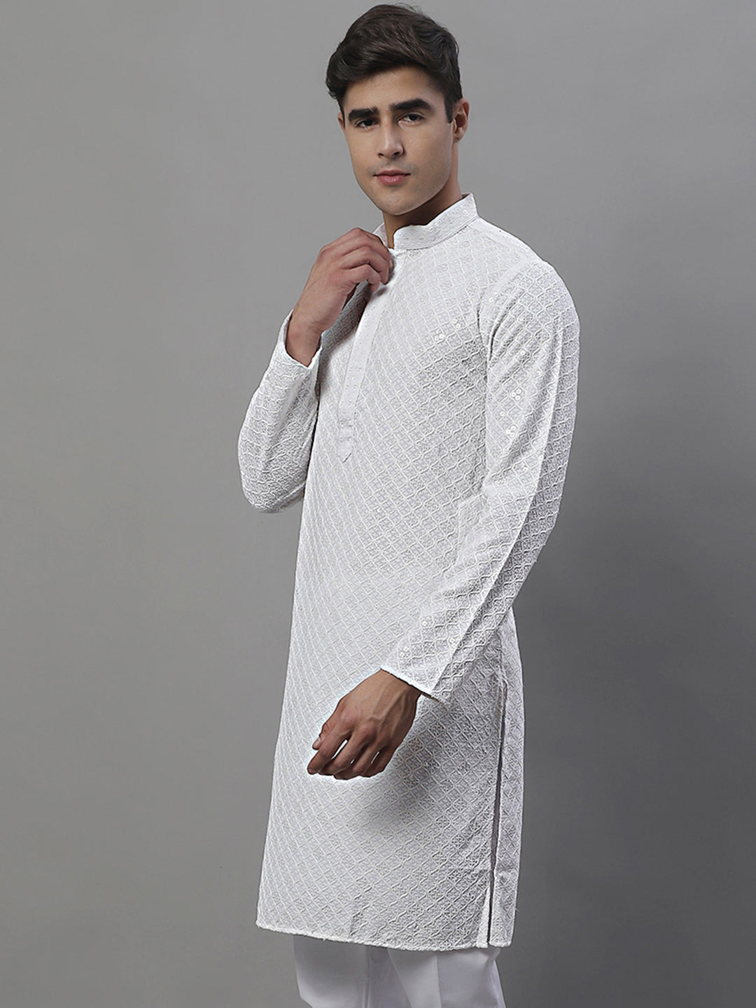 Men's White Chikankari Embroidered And Sequence Kurta