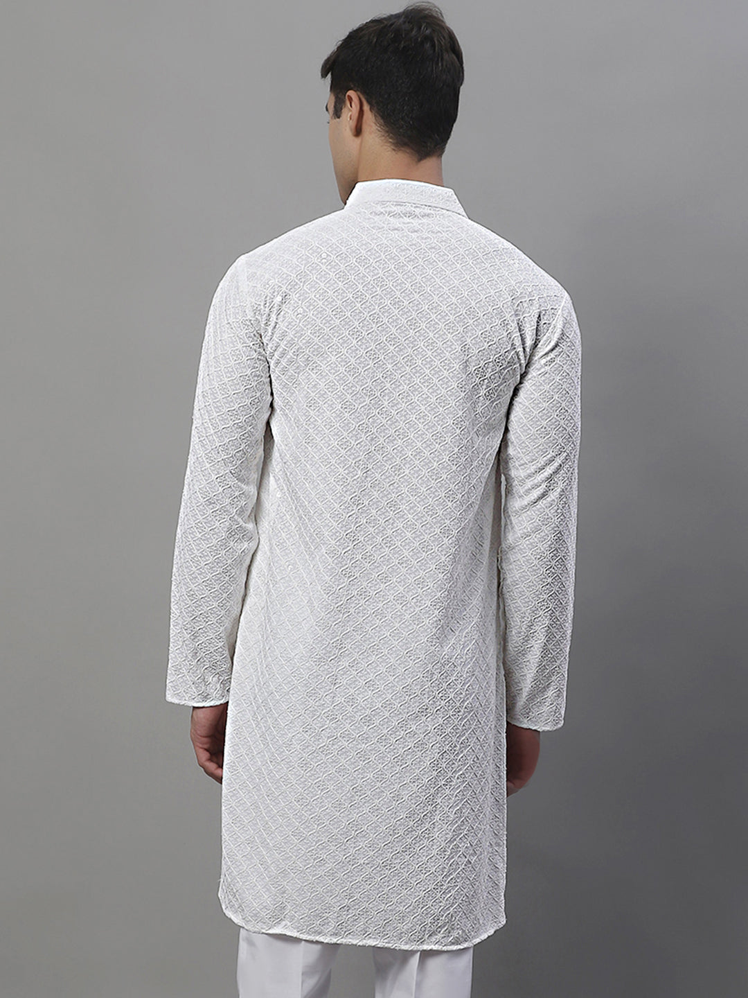 Men's White Chikankari Embroidered And Sequence Kurta