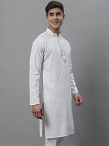 Men's White Chikankari Embroidered And Sequence Kurta