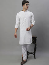 Men's White Chikankari Embroidered And Sequence Kurta