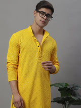 Men's Yellow Chikankari Embroidered And Sequence Kurta