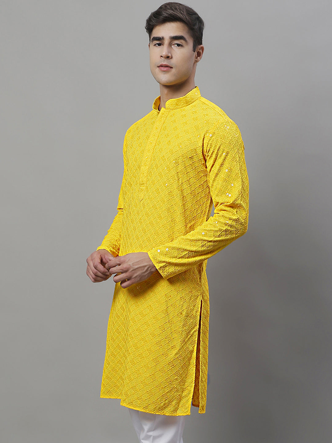 Men's Yellow Chikankari Embroidered And Sequence Kurta