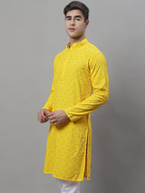 Men's Yellow Chikankari Embroidered And Sequence Kurta