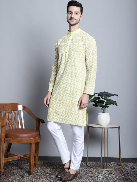 Men's Yellow Embroidered Kurta With Pyjama