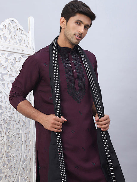 Burgundy Silk Sequin Embroidered Kurta Pajama Set with Dupatta