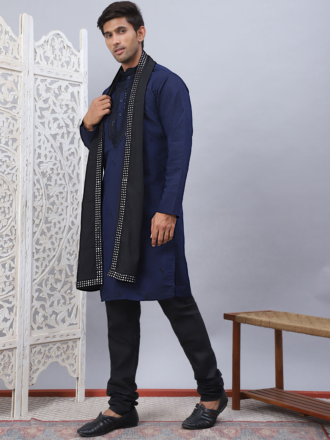 Navy Blue Silk Sequin Embroidered Kurta Pajama Set with Dupatta