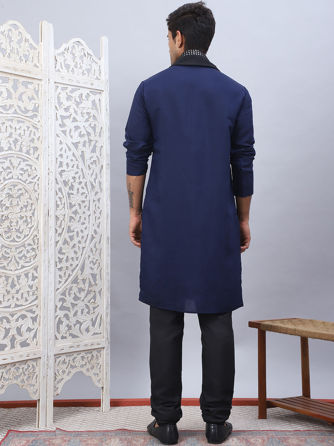 Navy Blue Silk Sequin Embroidered Kurta Pajama Set with Dupatta