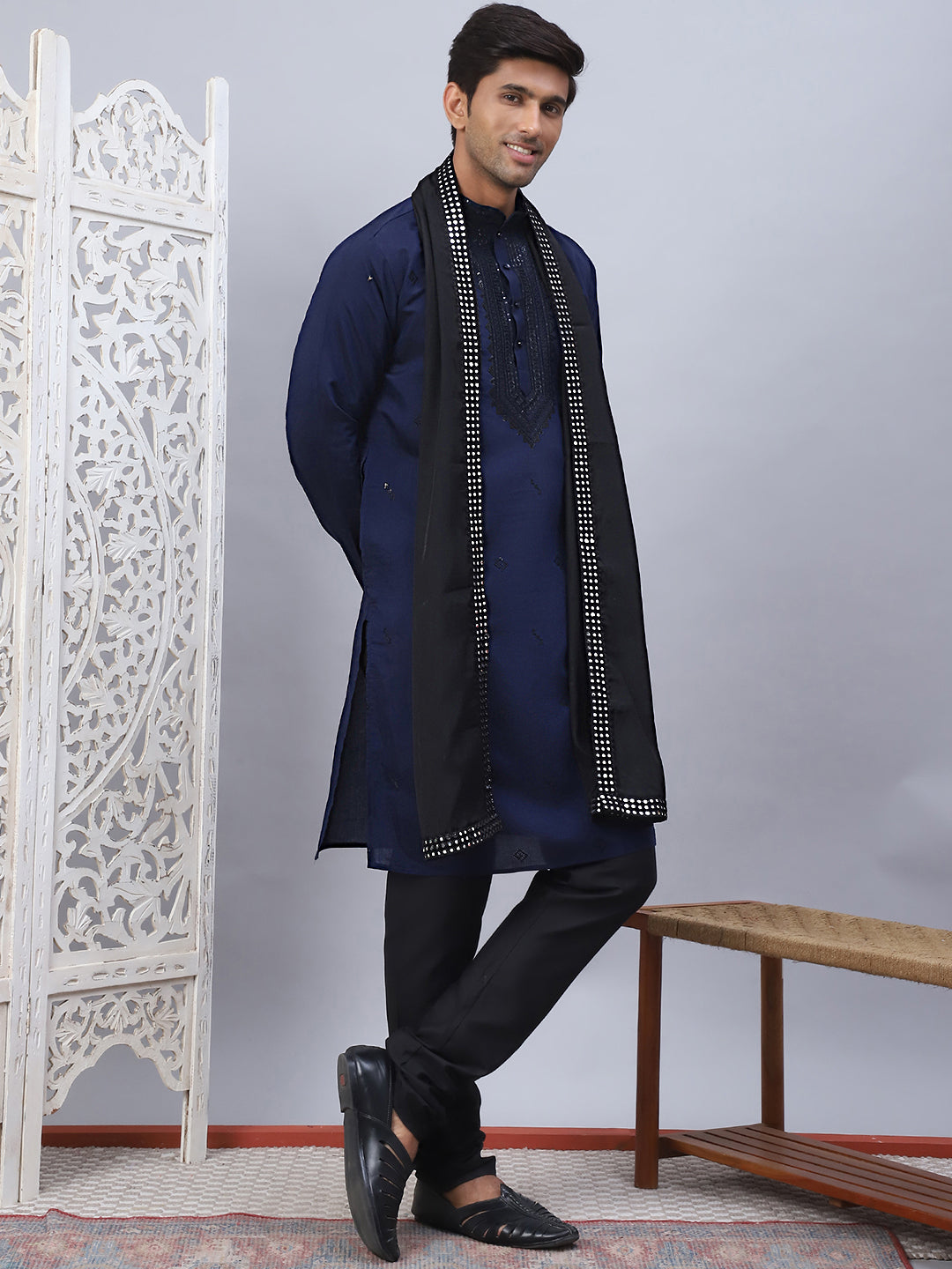 Navy Blue Silk Sequin Embroidered Kurta Pajama Set with Dupatta