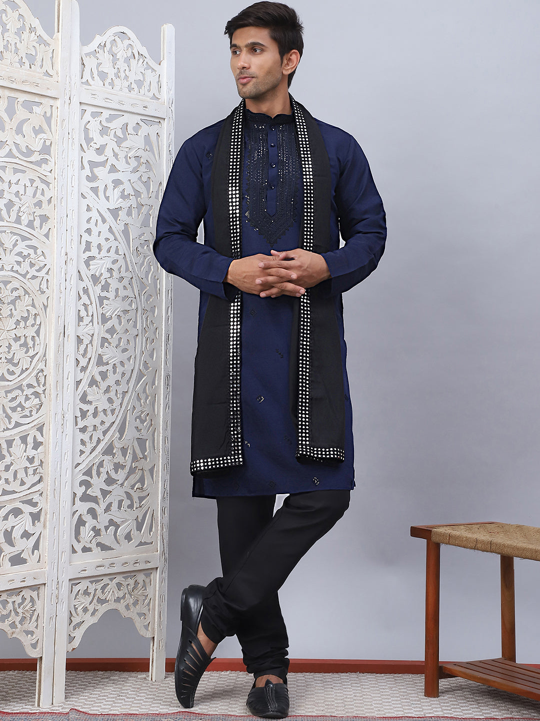 Navy Blue Silk Sequin Embroidered Kurta Pajama Set with Dupatta