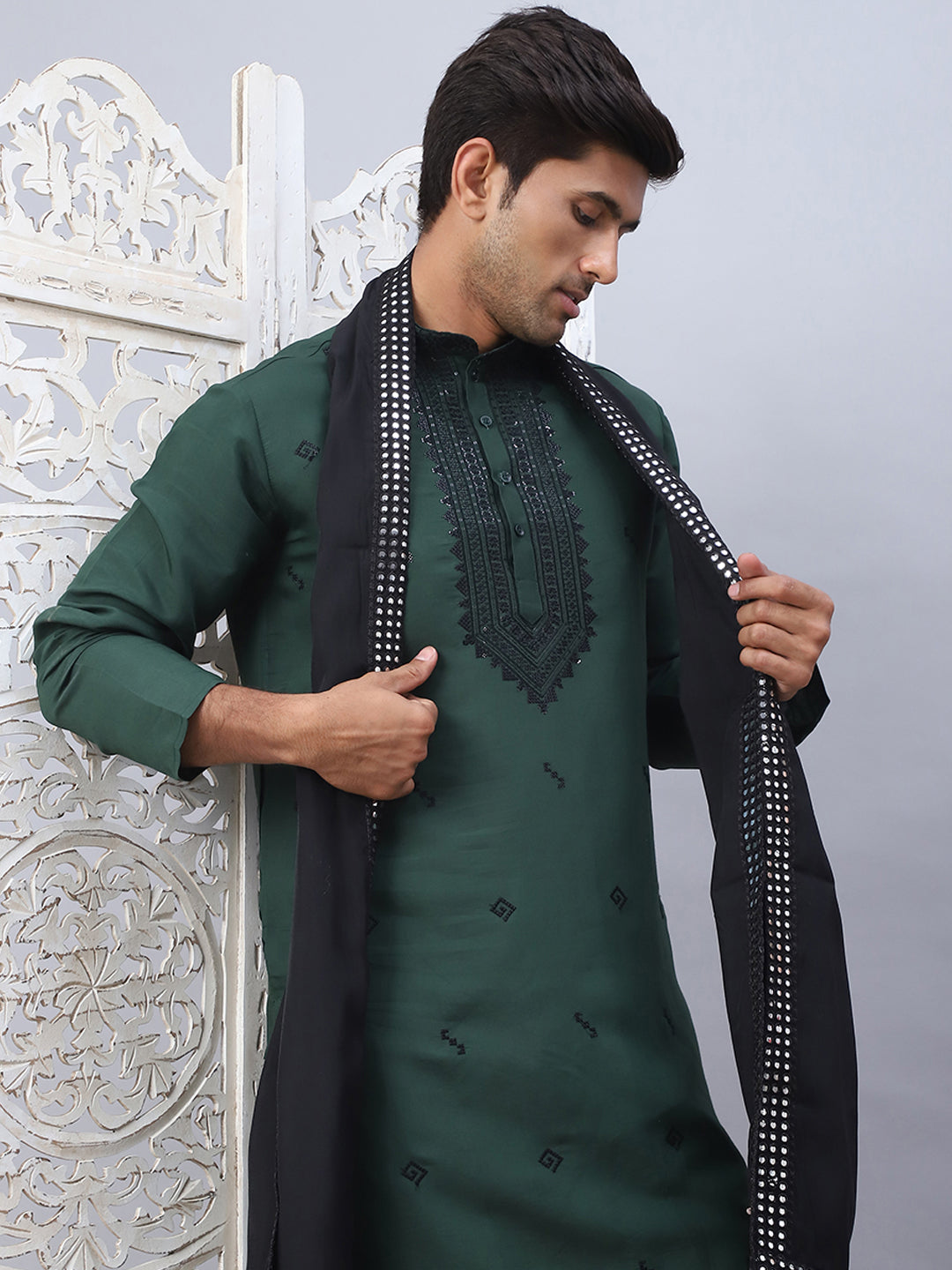 Olive Silk Sequin Embroidered Kurta Pajama Set with Dupatta