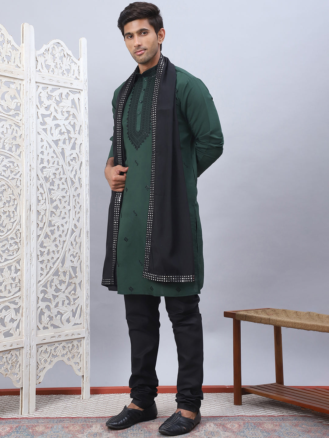 Olive Silk Sequin Embroidered Kurta Pajama Set with Dupatta