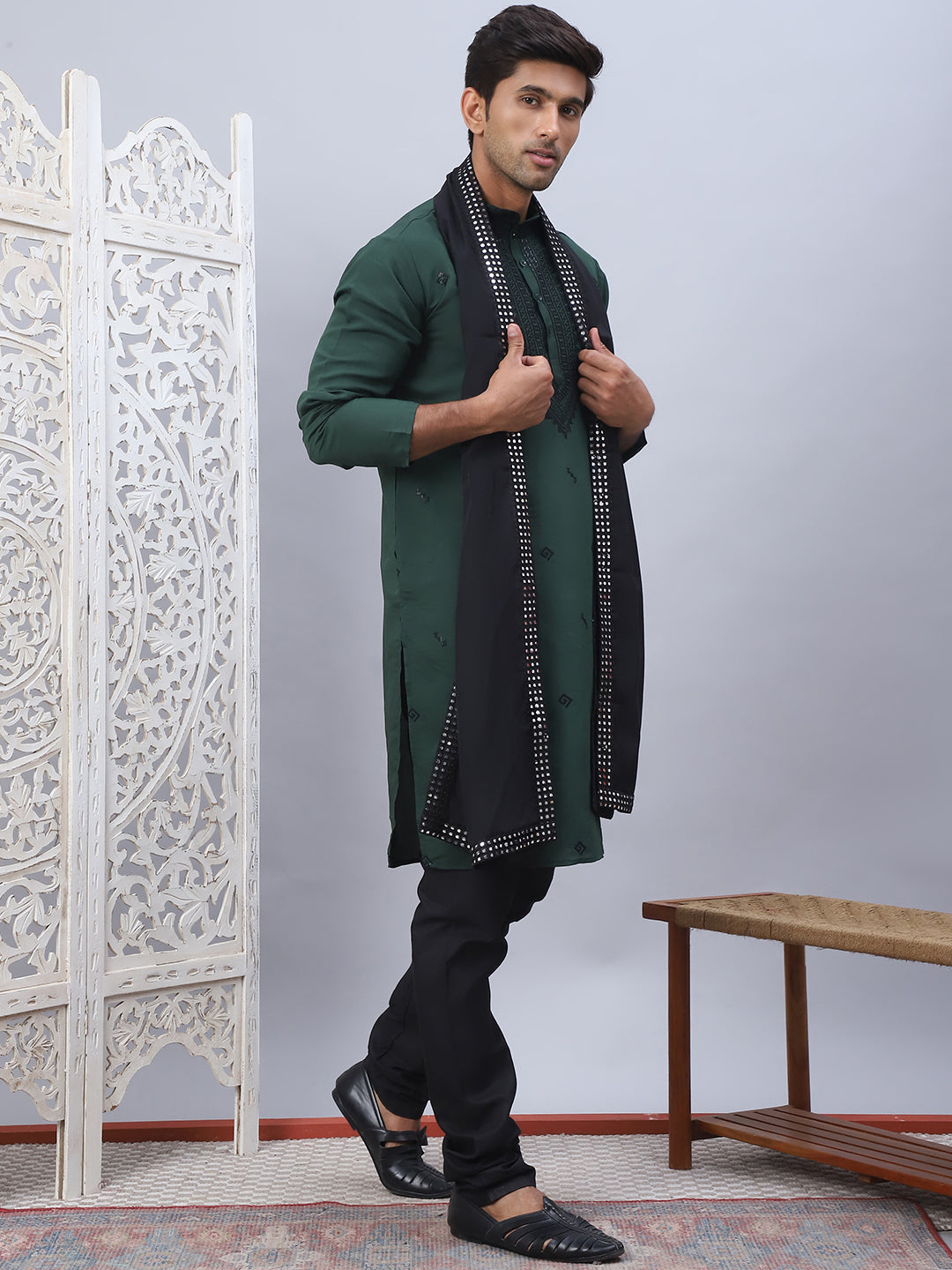 Olive Silk Sequin Embroidered Kurta Pajama Set with Dupatta