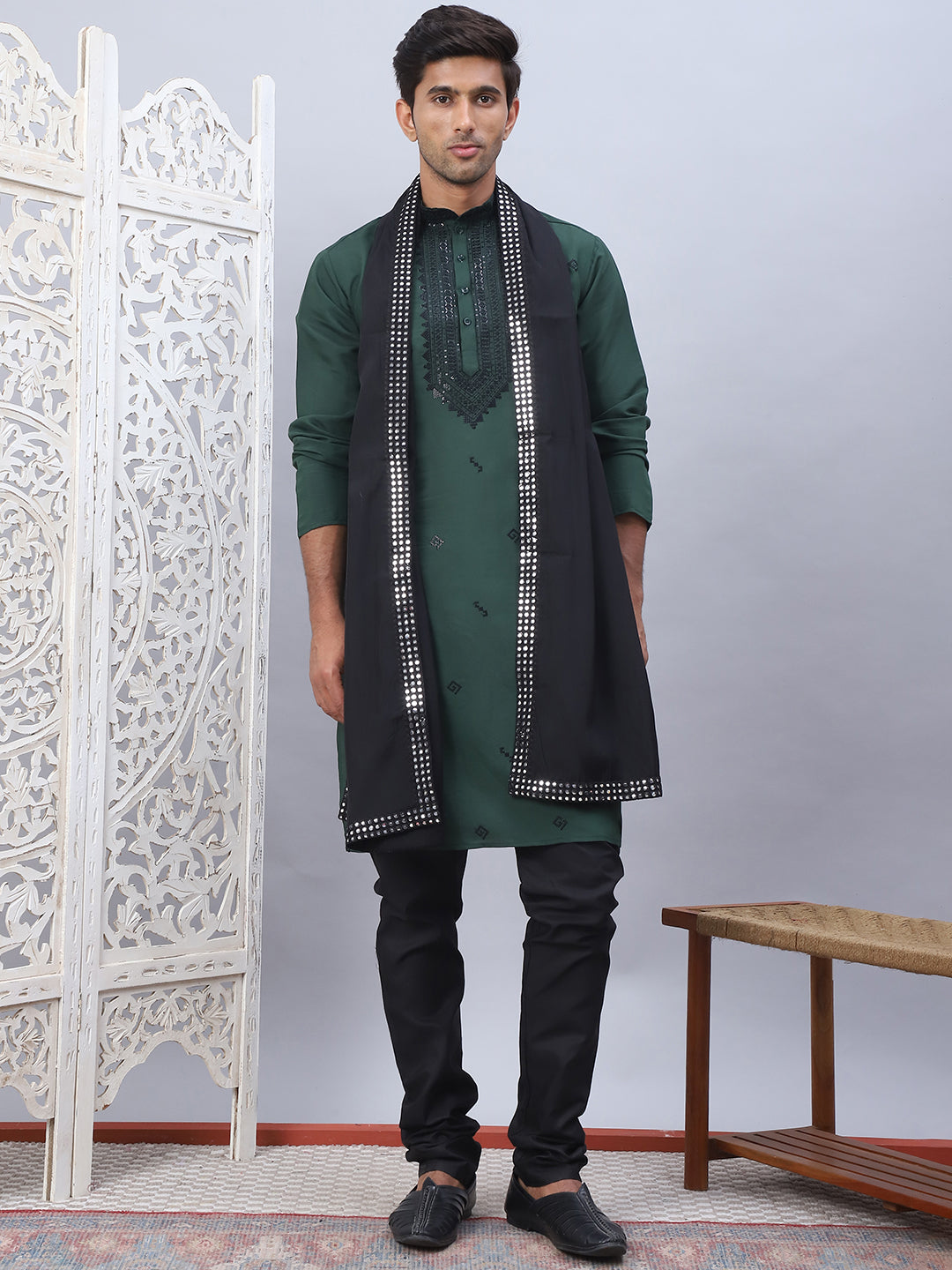 Olive Silk Sequin Embroidered Kurta Pajama Set with Dupatta