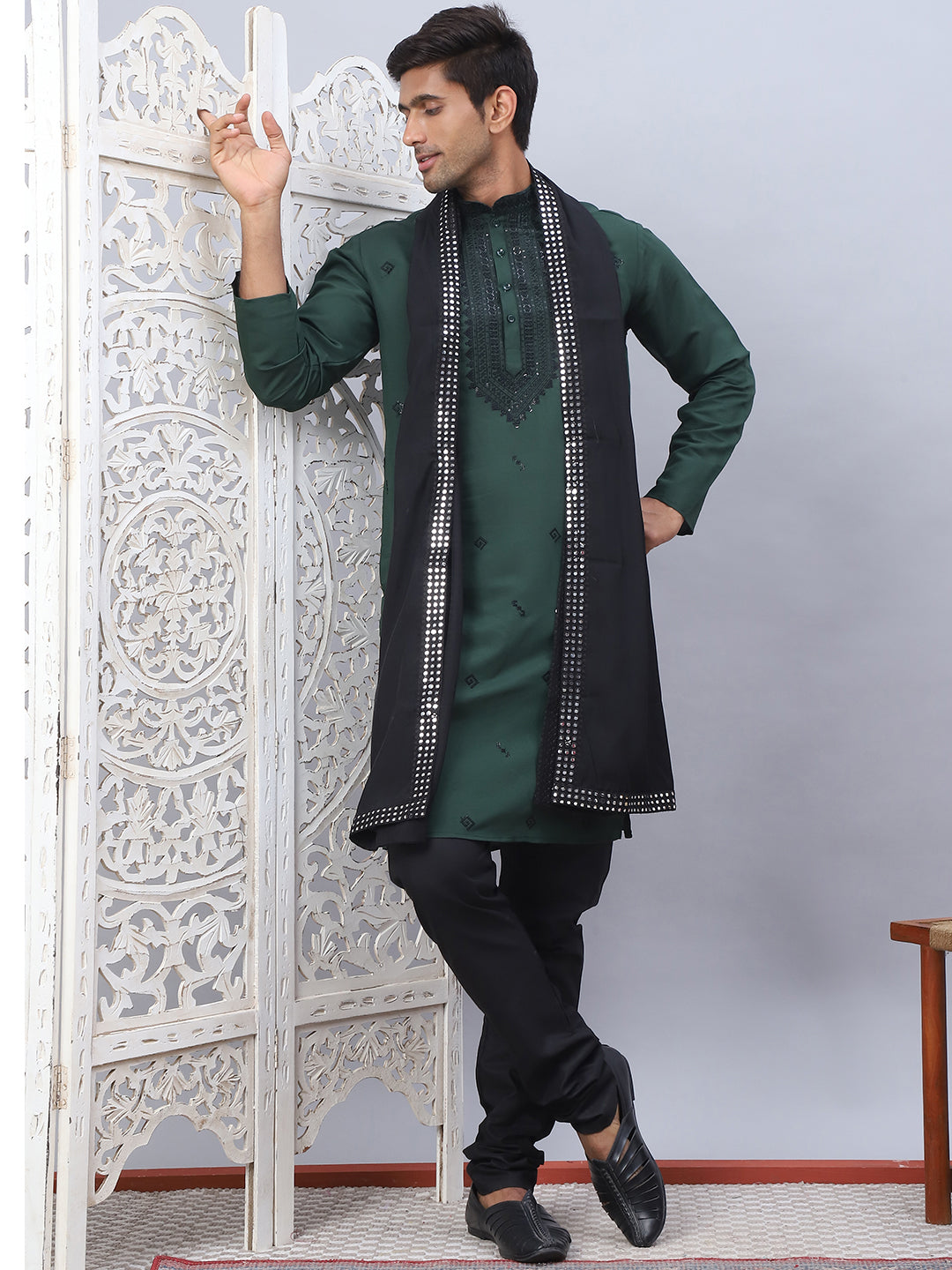 Olive Silk Sequin Embroidered Kurta Pajama Set with Dupatta