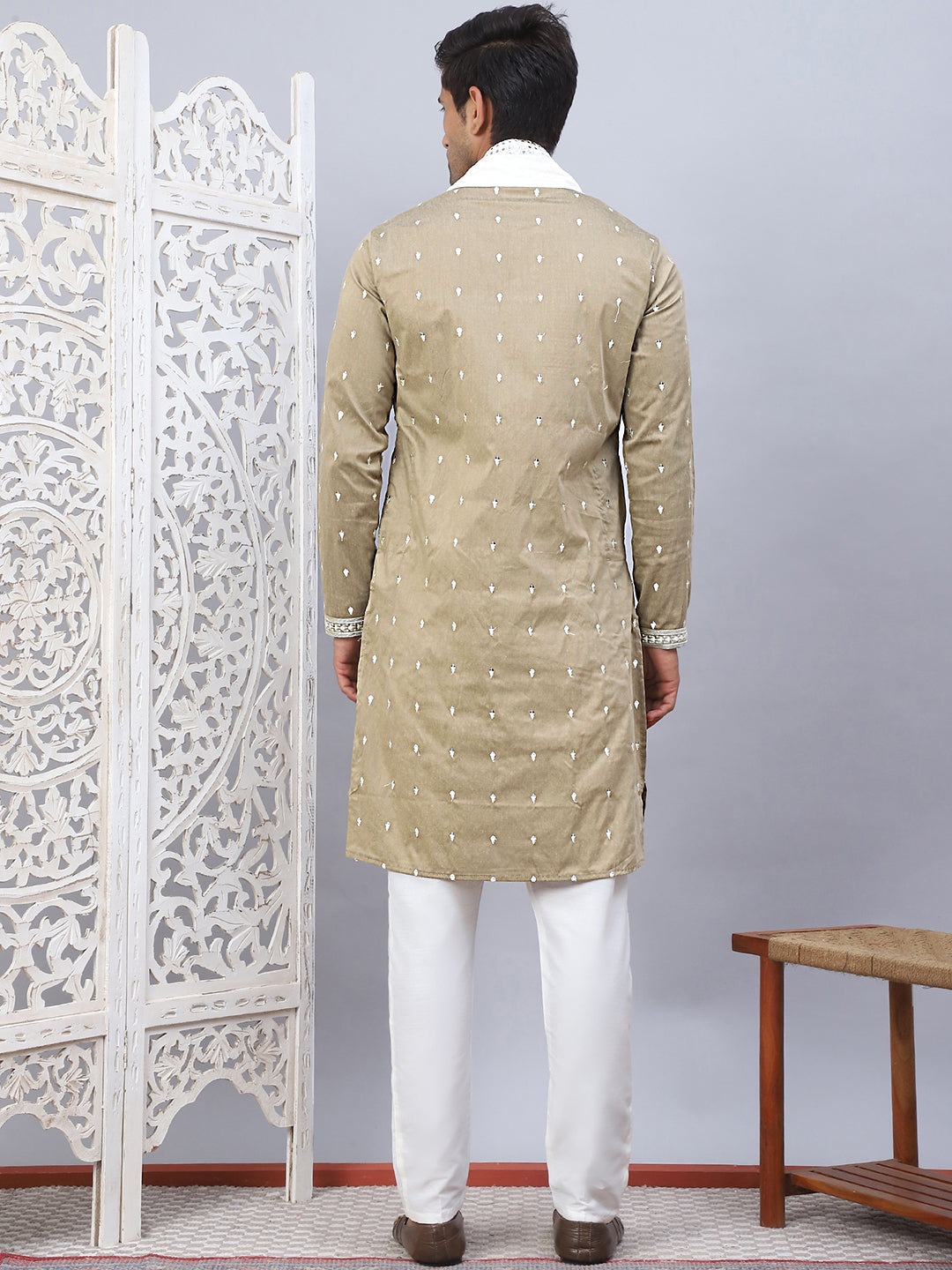 Beige Silk Embroidered Kurta Pajama Set with Dupatta