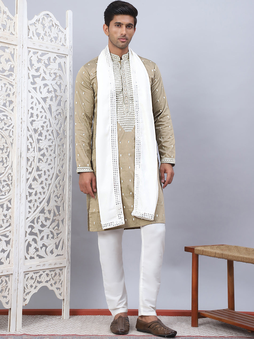 Beige Silk Embroidered Kurta Pajama Set with Dupatta