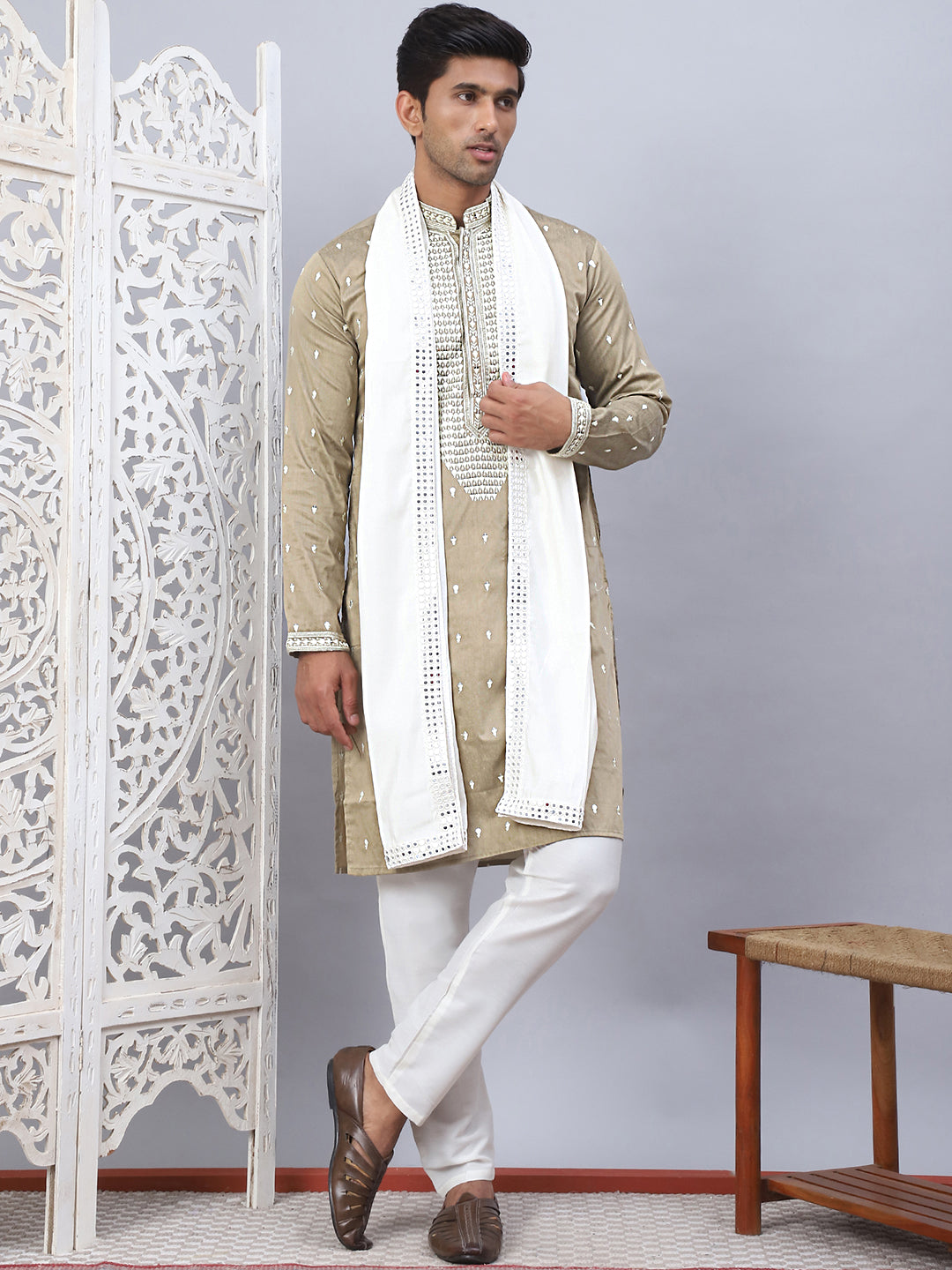 Beige Silk Embroidered Kurta Pajama Set with Dupatta