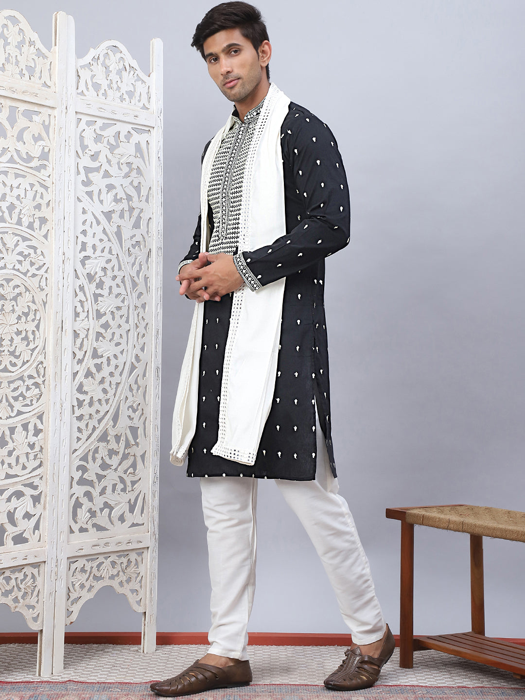 Black Silk Embroidered Kurta Pajama Set with Dupatta