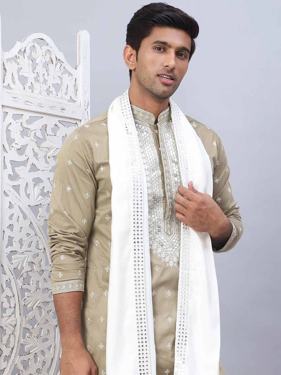 Beige Silk Embroidered Kurta Pajama Set with Dupatta