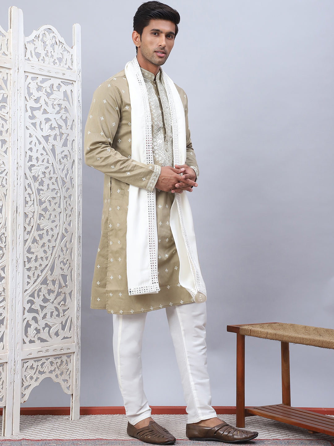 Beige Silk Embroidered Kurta Pajama Set with Dupatta