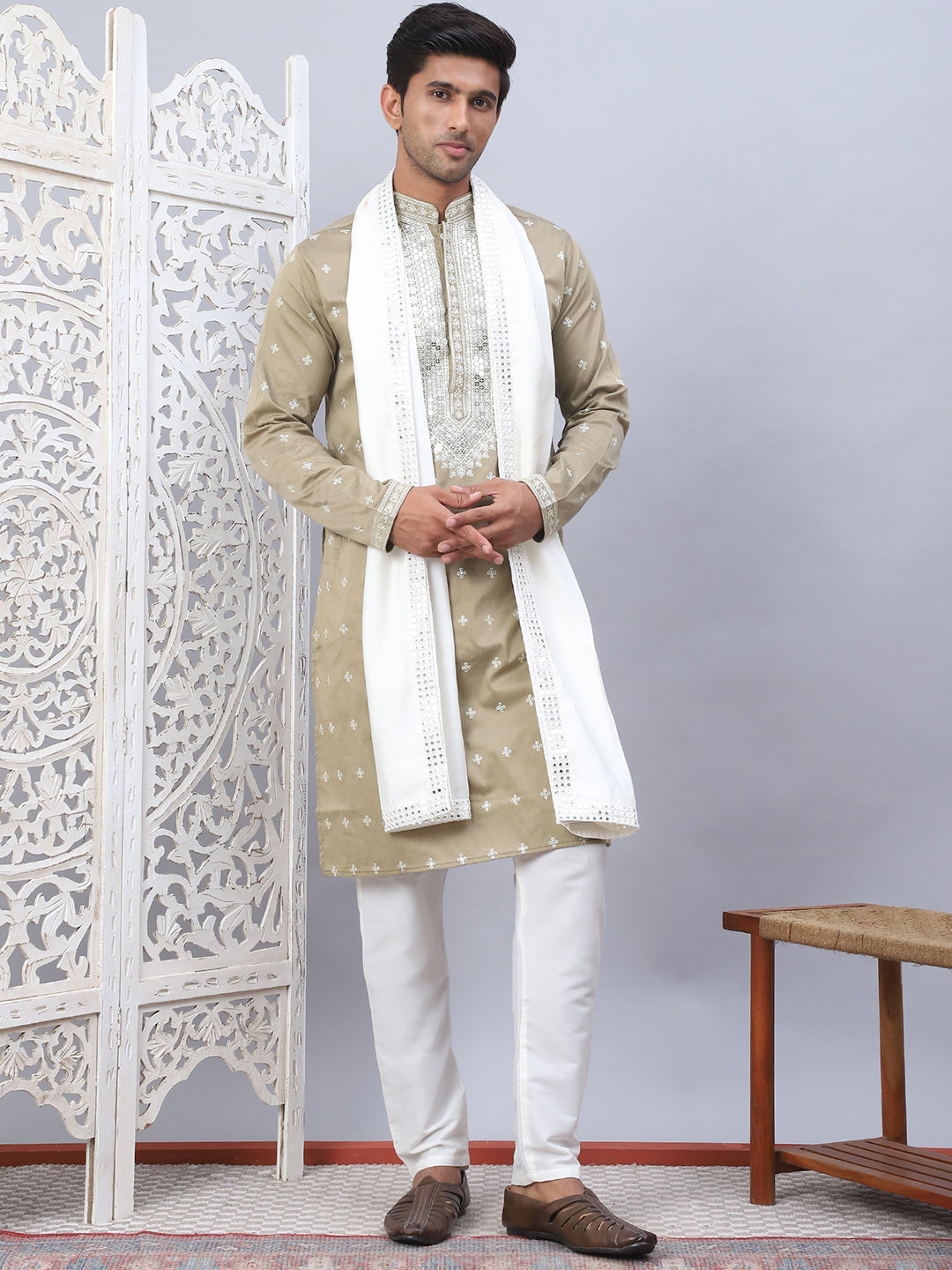 Beige Silk Embroidered Kurta Pajama Set with Dupatta